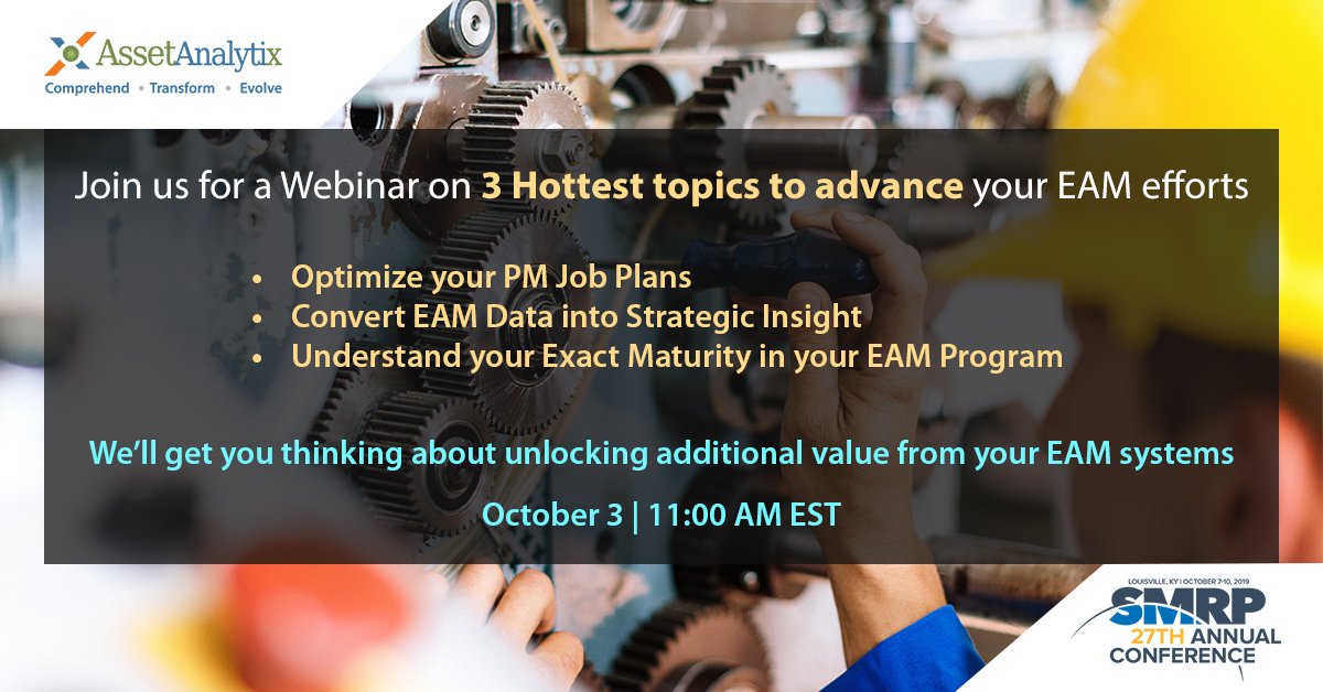 Improve your asset's efficiency &amp; performance by implementing effective EAM strategies, Register today: bit.ly/2m9i8g9
#assetmanagment #assetreliability #webinar #maintenance #smrp19 #assetperformance <a href="/smrp/">SMRP</a>