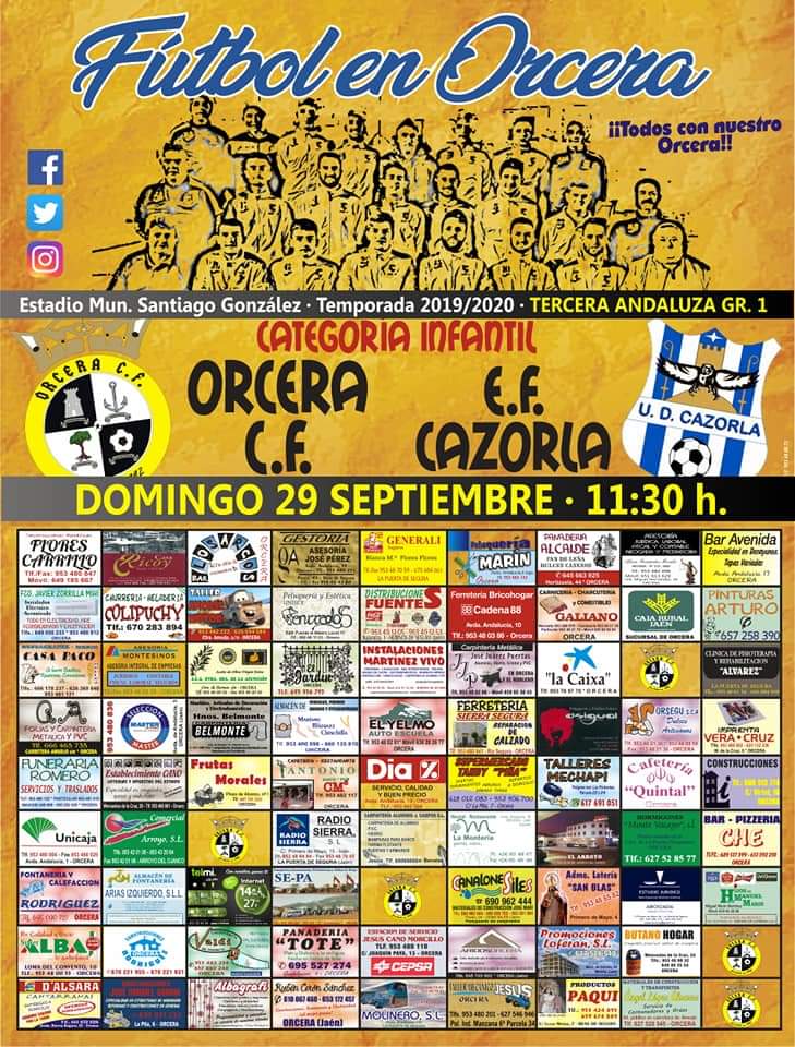 OrceraCF's tweet photo. 📆Domingo 29/09/2019
J2 #3ªInfantil
#ORCinfantil 🆚 E.F. Cazorla
⏰ 11:30
🏟️González Santoro (Orcera)
#⃣ #OrceraCazorla
Nuestro equipo federado más joven debuta en casa después de ganar en la J1 y la afición no puede fallar VAMOS!! Acompañalos!
Aupa Orcera 💛 https://t.co/RHaKsRnWLe