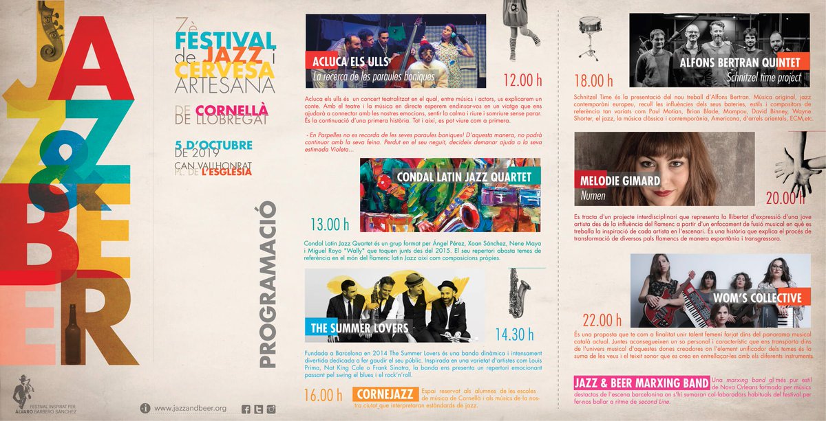 🎷&amp;🍺Compartim programació de butxaca del #Jazz &amp; #Beer 19. EL 5 D'OCTUBRE a #Cornellà, 12 HORES DE JAZZ! No para la música ni per dinar. Compartiu! 
Amb les actuacions de Companyia Parpelles, The Summer Lovers, CorneJazz, @alfonsbertran Quintet, Mélodie Gimard i <a href="/WOMscollective/">WOM's collective</a>