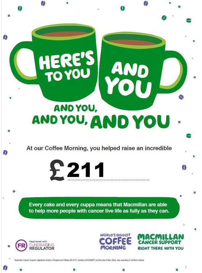 Huge thanks to everyone who joined us for the #macmillancoffeemorning today.  We raised £211 #community #charity <a href="/macmillancancer/">Macmillan Cancer Support</a>