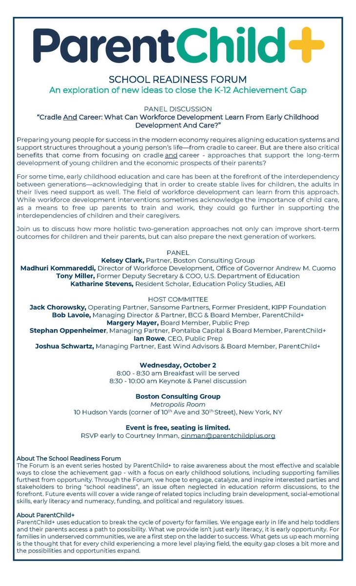 JoshSchwartz's tweet photo. The next installment of the School Readiness Forum will occur on October 2nd.  If you want to participate in the discussion around the closest thing to a "silver bullet" for closing the achievement gap, please join us.   @ParentChildPlus @AEI #schoolreadiness #achievementgap https://t.co/m2Ghg4RKIl