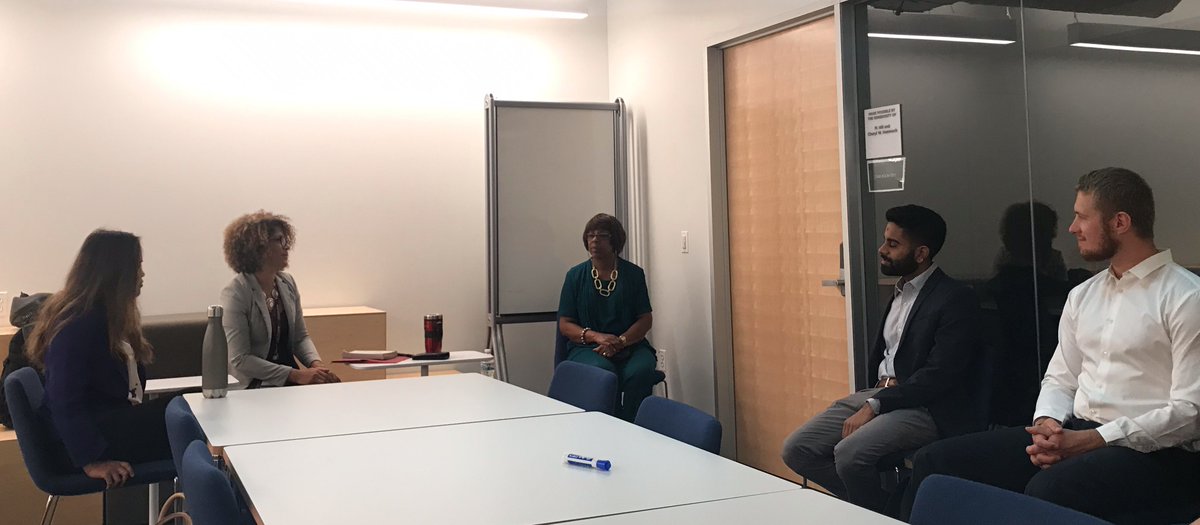 HarrisPolicy's tweet photo. #Cohort1 members discussing #JustMercy with Milvia Rodriguez and Cynthia Cook-Conley. As per Diversity Training, we first discuss what makes us comfortable in the space. #OneHarris https://t.co/w9jrXUXoFA