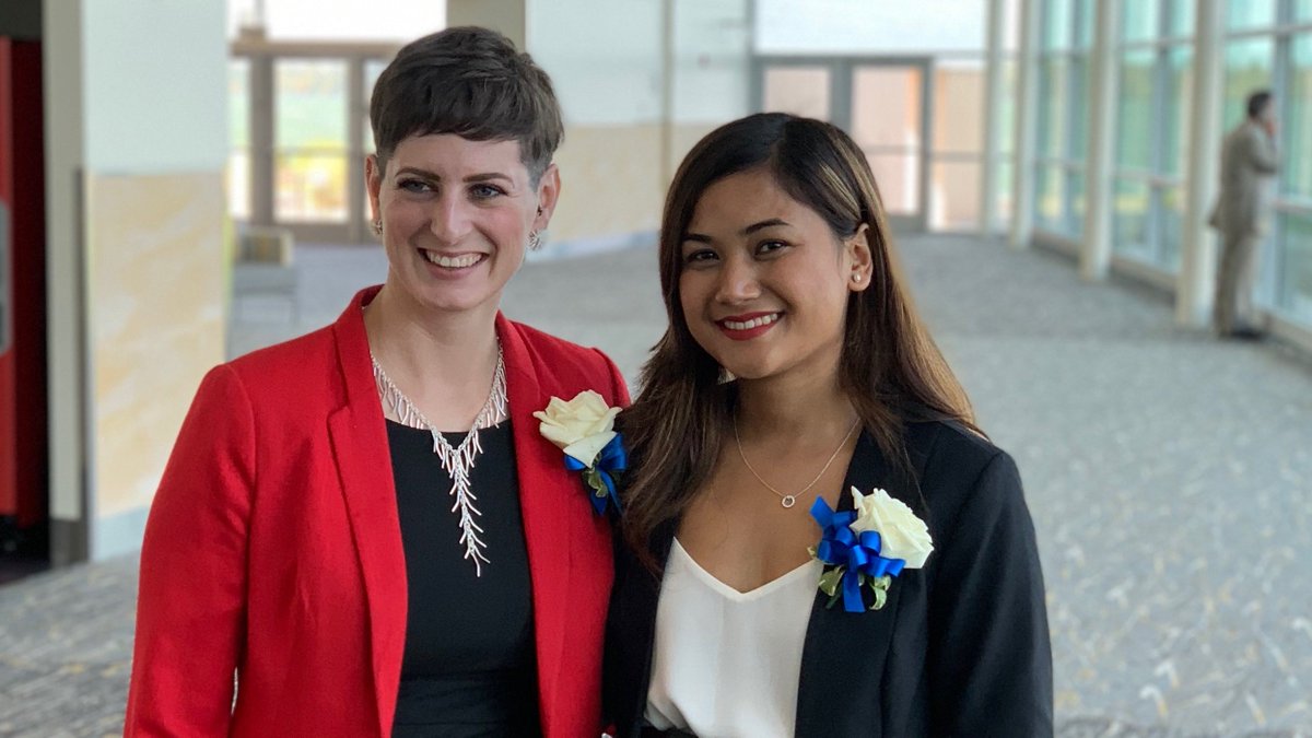 GannonU's tweet photo. Hannah Kirby '10, '11M, president of the GU National Alumni Board and owner of Ember+Forge, served as #AthenaErie Keynote Speaker as Gannon student and @GUBotDev Outreach VP Tejita Rajbhandari was honored as a 2019 Young Professional Award Finalist. #GUPossibilities https://t.co/XAs1TSuPSe