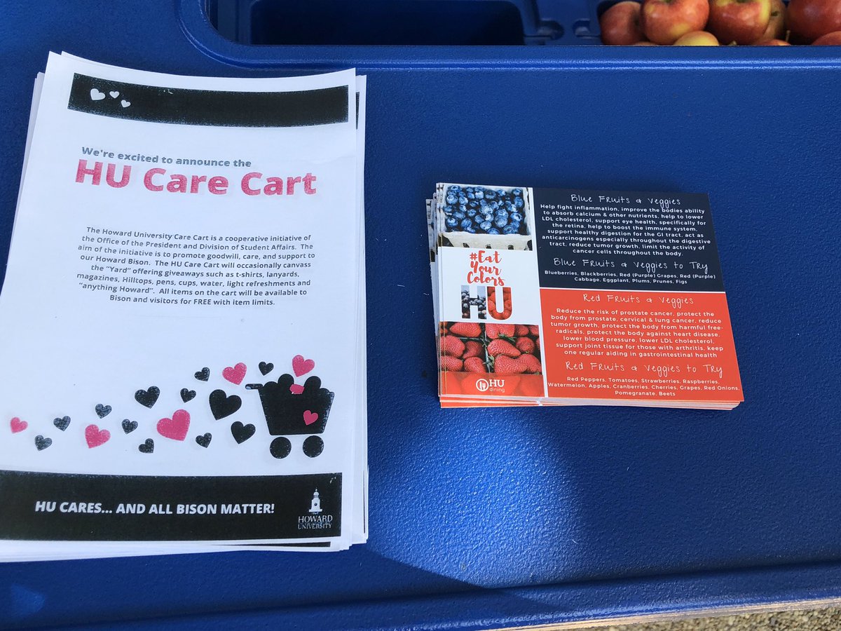 HUdining's tweet photo. The @HUOCHCE Care Cart is outside the A-Building passing out apples and water for #FnVFriday #EatYourColors https://t.co/31eLyRJF4p