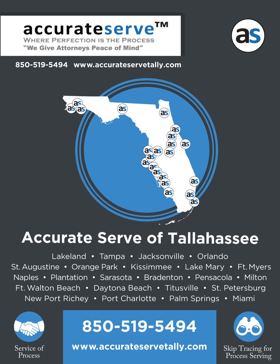 Accurate Serve Tallahassee - Where Perfection is the Process TBA appreciates your support! <a href="/cyberattorney/">John Sawicki</a> <a href="/JamiColeman_Esq/">Jami Coleman</a> @JerryRumph @BodiLaw <a href="/MillesLaw/">Milles Law</a> <a href="/seandesmondlaw/">Sean Desmond</a> <a href="/gc2esq/">GC Murray</a> <a href="/sidbigham/">Sidney C Bigham III</a> <a href="/TheFlaBar/">The Florida Bar</a> <a href="/FlaBarYLD/">Florida Bar YLD</a> <a href="/TBAYoungLawyers/">Tallahassee Young Lawyers</a> <a href="/FSUCollegeofLaw/">FSU College of Law</a>