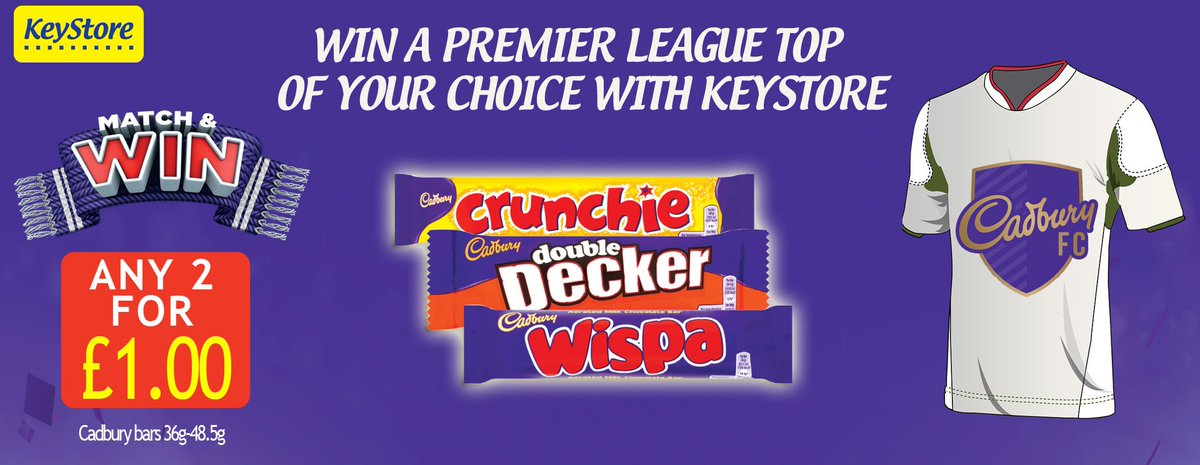 KeyStores's tweet image. #WIN a @premierleague shirt of your favourite team with @CadburyUK  &amp;amp; @KeyStores - to enter comment Match &amp;amp; Win now #PremierLeague # CadburyChocolate #2For£1 Cadbury single bars on offer at local Keystores now 2 for £1.00 - comp ends Sunday 6th October #Competition #MatchAndWin