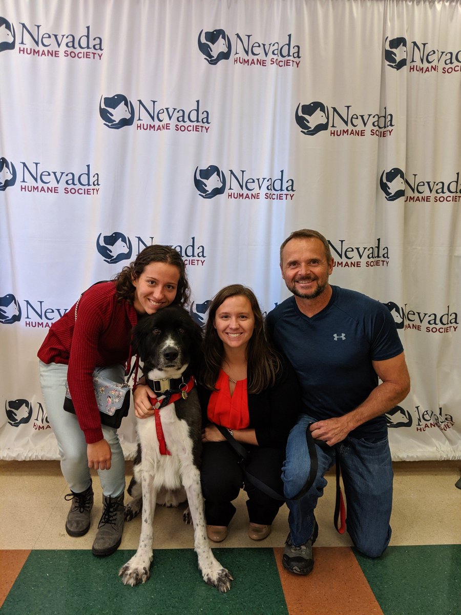 PetProjectNV's tweet photo. The first adoption of the day goes to Nevada Humane Society and the Heil family! They have two dogs at home, Mia and Gandalf, who is 15.  Now Gandalf can spend his golden years relaxing while the younger two burn through their energy together! #ThanksToMaddie #ADOPT https://t.co/3HrdPOYAsb