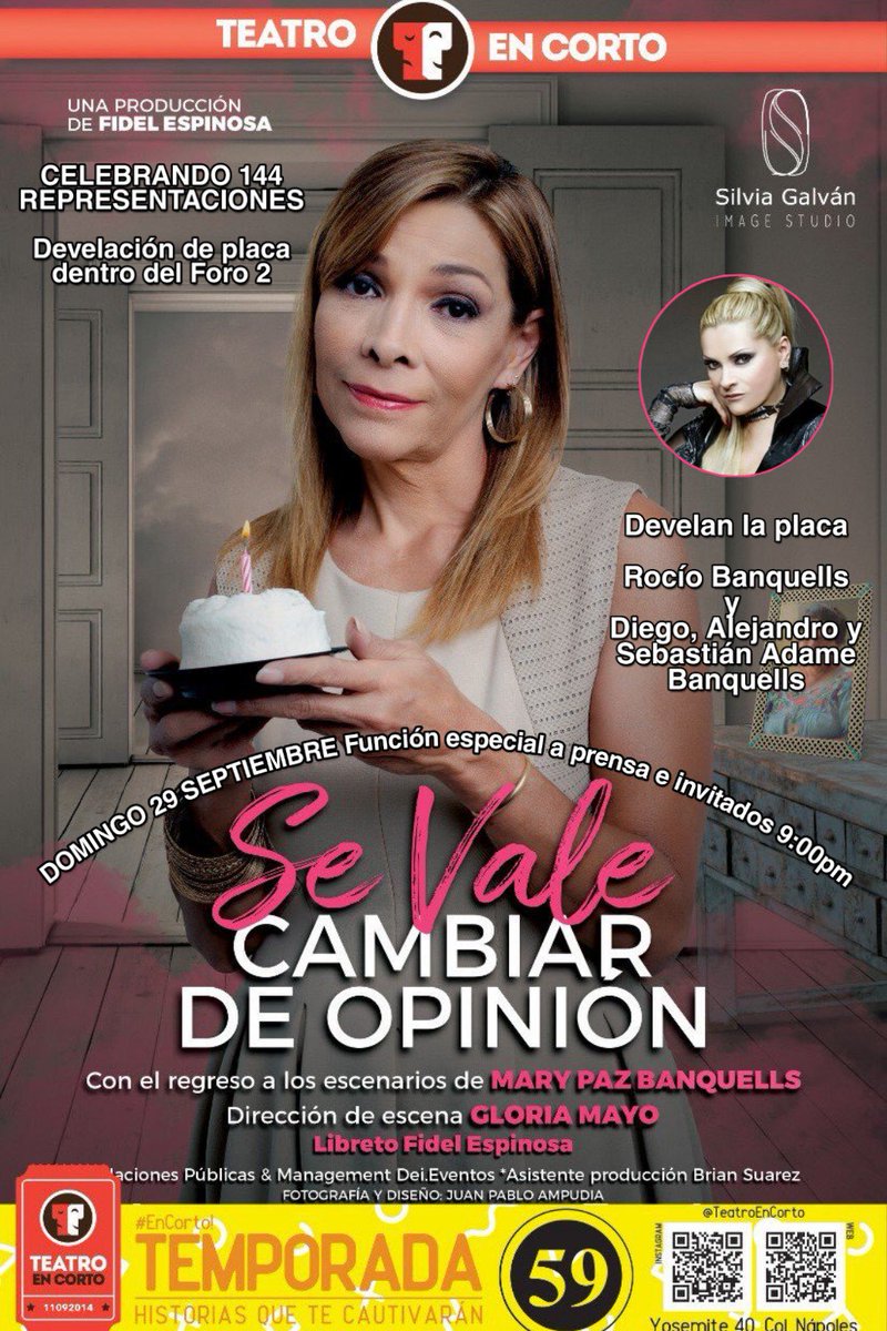 SeValeCambiarOb's tweet photo. Este domingo en nuestro cierre de temporada, despide a @MPbanquells en @SeValeCambiarOb, nos acompañará @RocioBanquells con Diego, Alejandro y Sebastián Adame Banquells a develar la placa dentro de nuestro foro de @TeatroEnCorto función especial a invitados y prensa 9pm. https://t.co/EvfAuT6k42