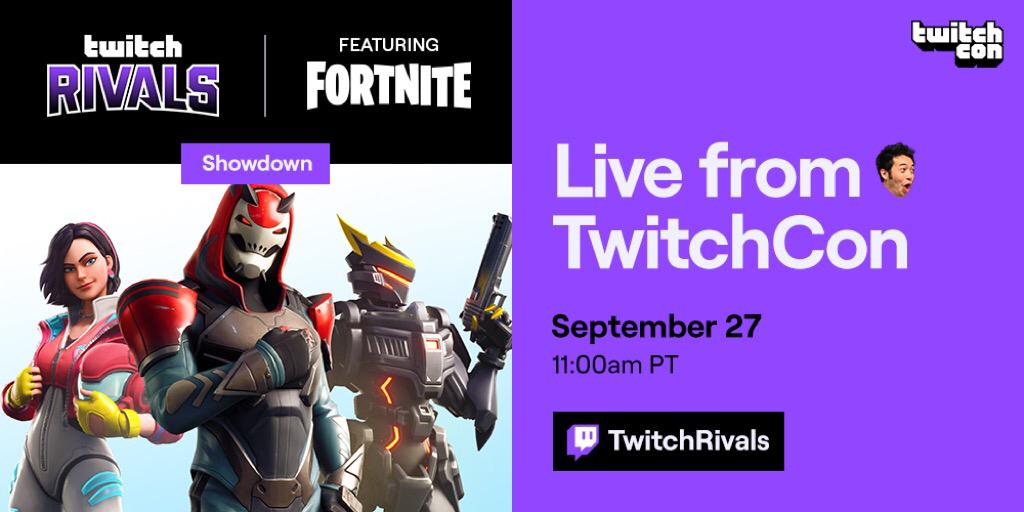 TwitchEsports's tweet photo. We're 1 hour away from the start of #TwitchRivals Fortnite Showdown at TwitchCon! 

Top Fortnite streamer Trios will face off against Twitch Partners &amp; Affiliates from the Open Qualifier for $1.3 Miillion!

https://t.co/xea83i1yVm https://t.co/PZ5Wzh1O33