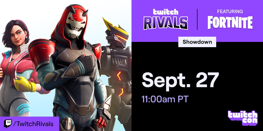 Fortnite's tweet photo. The Twitch Rivals TwitchCon Fortnite Showdown is kicking off in an hour! 

At the event? Come by the Twitch Rivals Arena to watch all the action. 

At home? Tune into the broadcast at https://t.co/XQI0ovHdzp and check out our stories on https://t.co/QbJ3qD9HsA https://t.co/0ZrxDsqUKH