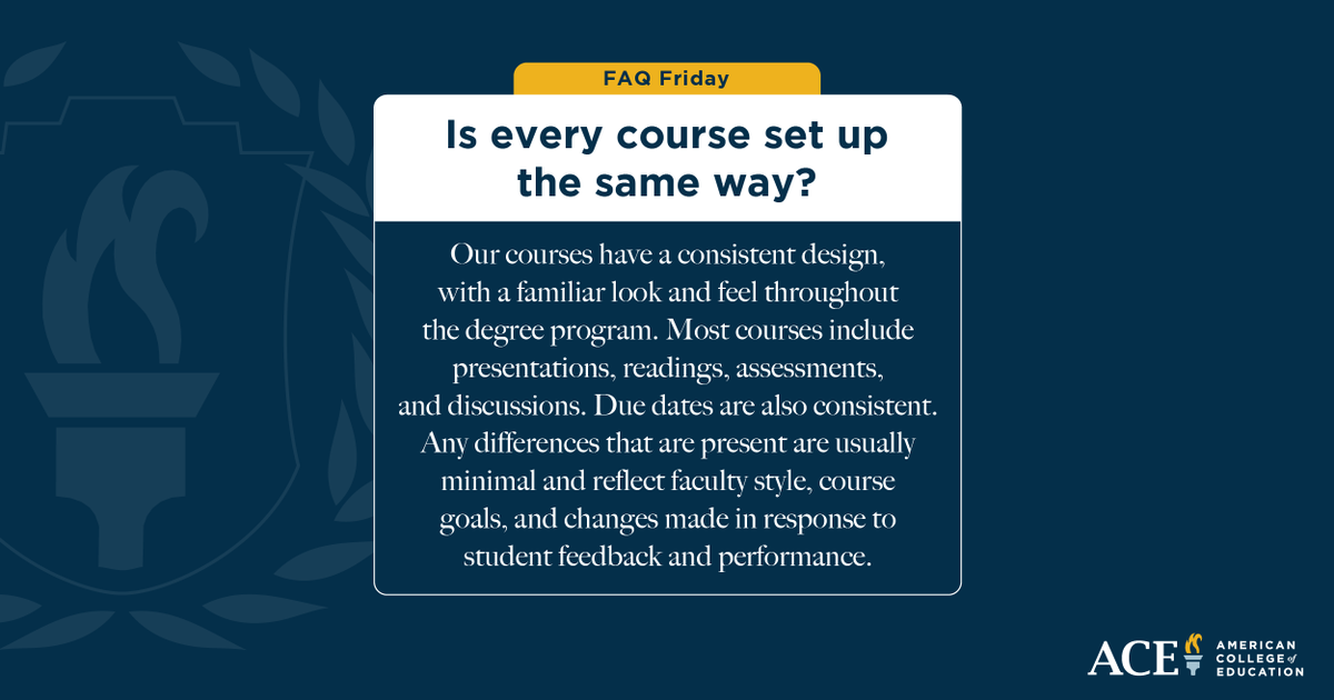 ACEedu's tweet photo. Today's FAQ Friday is about something our students love – the structure of our courses. Knowing what to expect ahead of time makes it that much easier to plan your time and your life. #WhyACE https://t.co/PnUneBC5WV