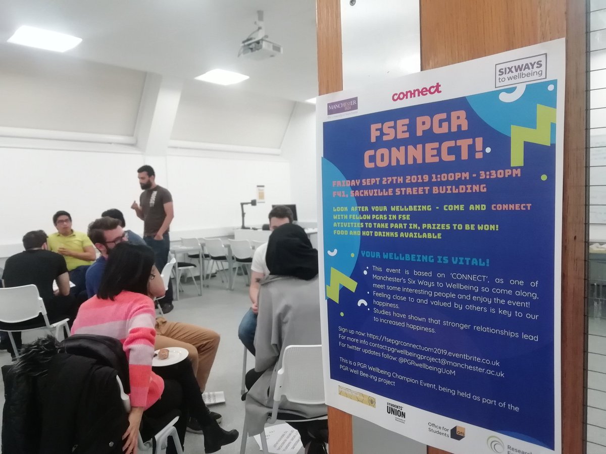 PGRwellbeingUoM's tweet photo. We really enjoyed the @fsegrads Wellbeing Champion event today! A brilliant opportunity for PGRs to #Connect 🐝🙌 

Click the link to find out about Manchester's Six Ways to Wellbeing and the benefits of connecting with others 
👇
 https://t.co/N6u9Mj1Lqp https://t.co/xrcIOMfnoZ
