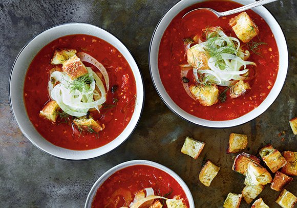 The briny and acidic flavours of puttanesca sauce come together in this delicious #tomatosoup recipe. bit.ly/2mm8jeM