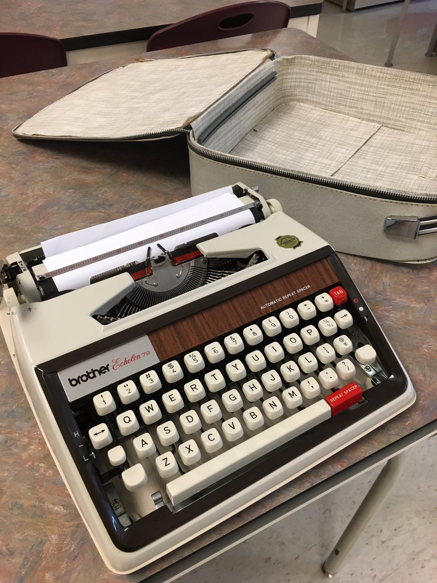 lion_tl's tweet photo. Old things become new. Searched for a typewriter for Library LC Makerspace for Ss to design  &amp; create cards. Found 2. Ss now know what produces that clickity clack sound they’ve so often heard on their devices. Touch typing still an essential skill!  #ycdsbtls @FFMcGinnCES https://t.co/C4ntGi50Cj