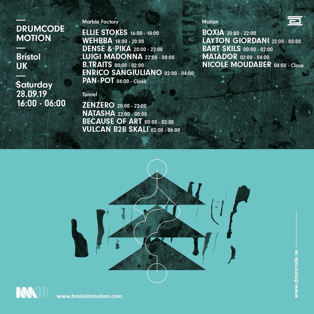 BecauseOfArt's tweet photo. Final set times for tomorrow’s @DrumcodeRecords party at @MotionBristol. Catch us in the tunnel 12-2 🙌🏻 https://t.co/ADc11l0dOh