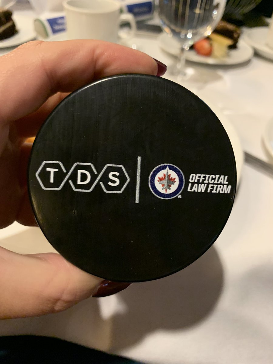 LauraLapalme's tweet photo. What the puck? How cool is this!! Thanks for the awesome gift @TDSLaw @TheWpgChamber 🏒🥅#wccchipman @Marketing_L2 Table15 https://t.co/UPAUg6kvGR