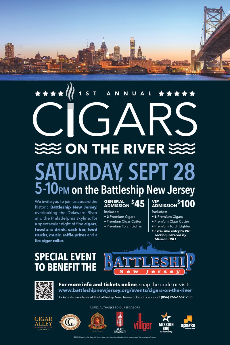 MyPhillyAlive's tweet photo. Calling all cigar lovers!! Enjoy premium cigars on the deck of
@BattleshipNJ while overlooking the Delaware River & the #Philadelphia skyline!!
Takes place Saturday, Sept 28th, from 5 pm – 10 pm.
Get tickets: https://t.co/OAyDX852V5 #Philly #PhillyCigars #PhillyFun #NewJersey https://t.co/LleY6sE3Pi