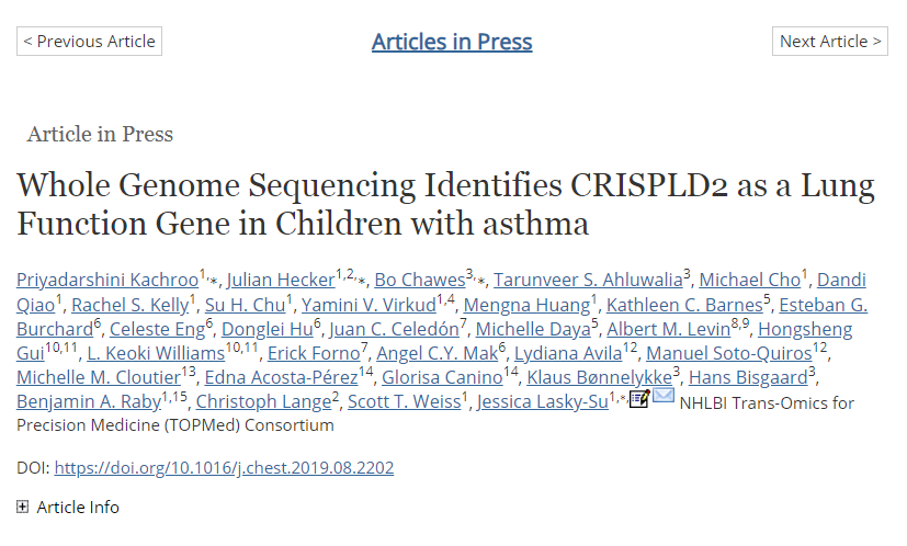 PROMoTeR_DPM's tweet photo. New Article! "Whole #Genome #Sequencing Identifies #CRISPLD2 as a #Lung Function Gene in #Children with #asthma." Co authored by @PROMoTeR_DPM collabs Rachel Kelly, Jessica Lasky-Su, Benjamin Raby, &amp; Esteban Burchard is published in @accpchest #WGS #Peds https://t.co/RJwPiGzdep https://t.co/5XA9ZuXi0w
