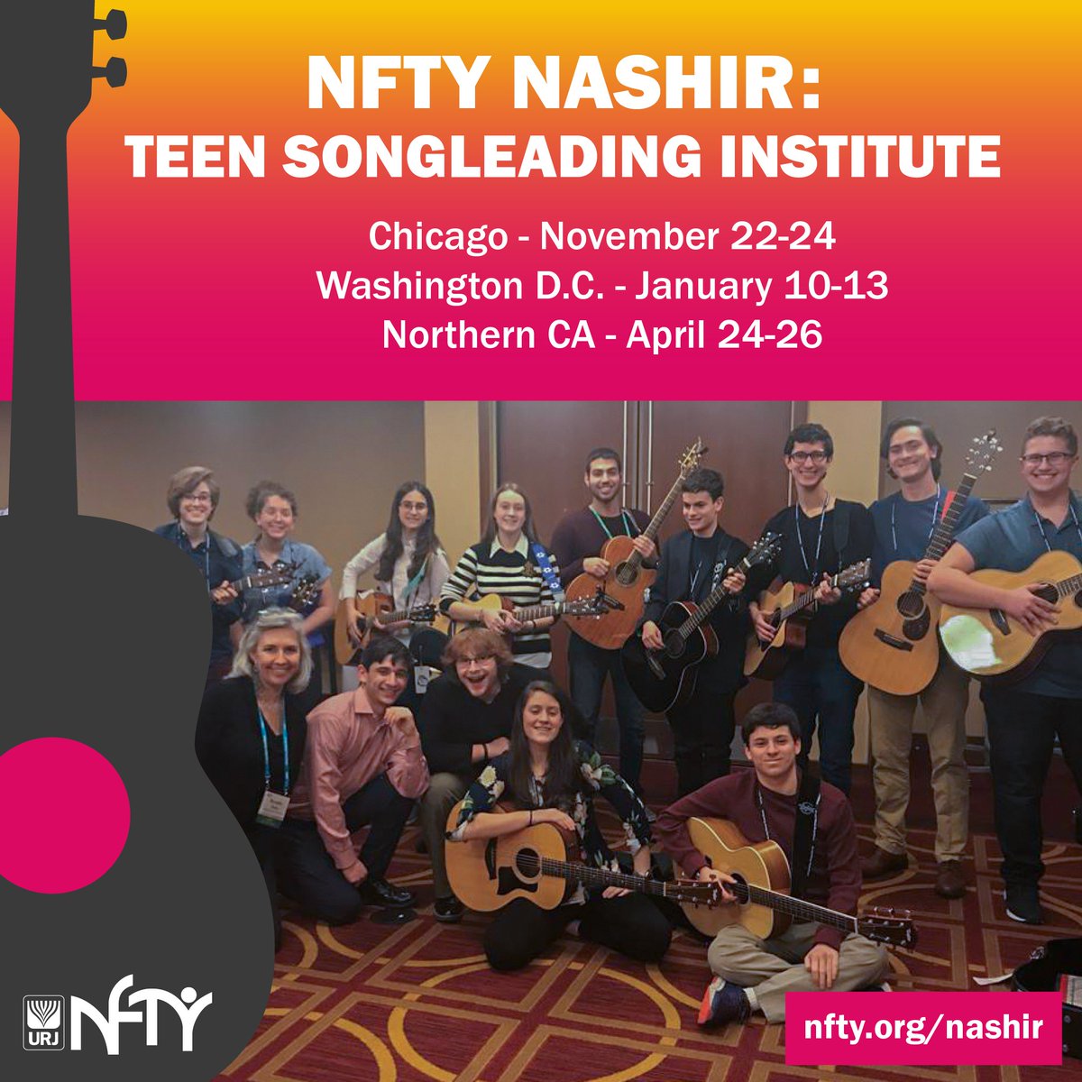 Calling all teen songleaders! Join us at an upcoming NFTY Nashir event for a weekend of training, skill development, and hands-on learning in a congregational setting. Register now for Nashir Chicago and Nashir DC: Songleading for Action at nfty.org/nashir!