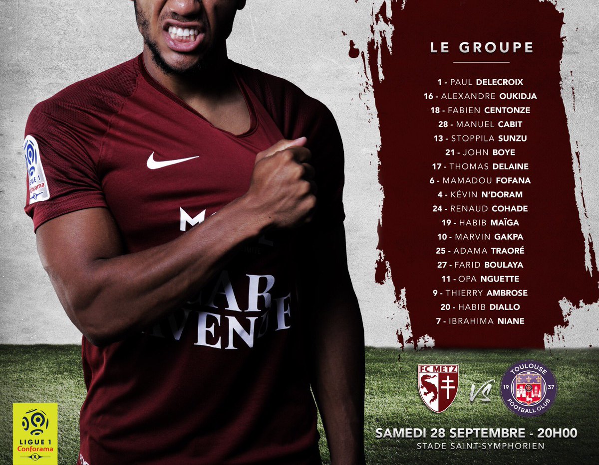 FCMetz's tweet photo. #FCMTFC Le groupe messin convoqué pour la réception du @ToulouseFC, lors de la 8ème journée de @Ligue1Conforama ! 💪🇱🇻 https://t.co/TsBCT6SjZo