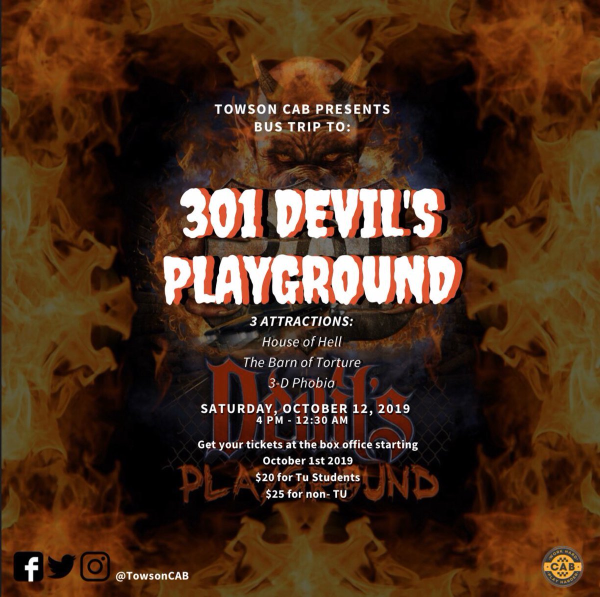 Halloween is coming up so you know CAB’s got you covered😏👻 Come out to our bus trip to 301 Devil’s Playground on October 12th for a hair-raising experience! Tickets go on sale this Tuesday, October 1st!🎟 Hope you’re ready...😈