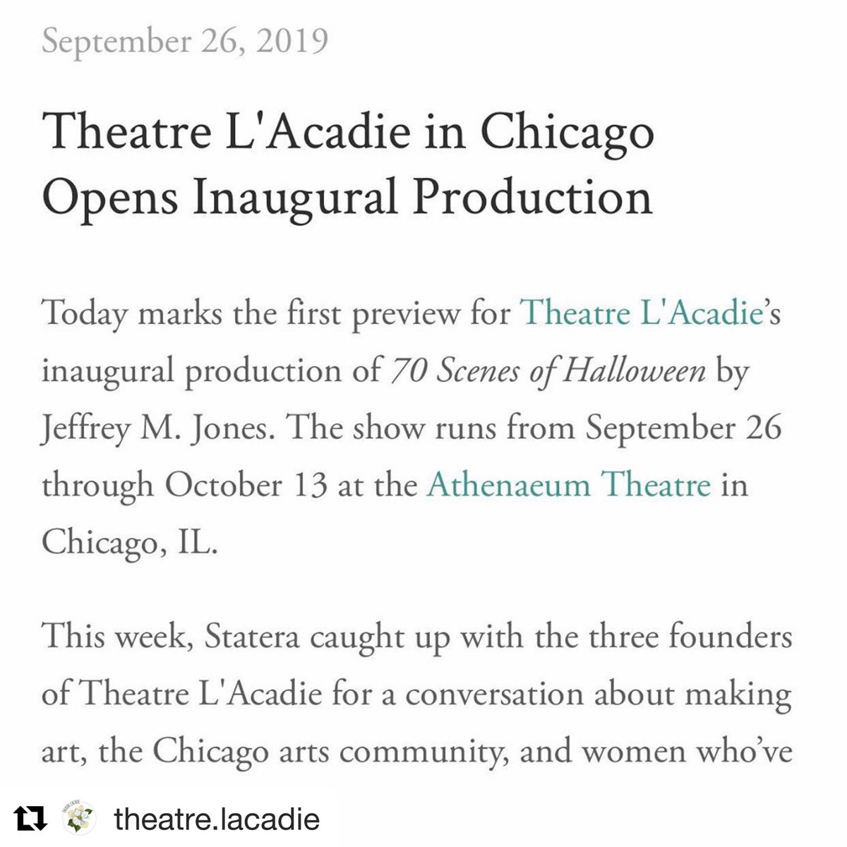 From our friends @ <a href="/l_acadie/">Theatre L’Acadie</a>: a sweet write up from <a href="/stateraarts/">StateraArts</a> ! ❤️ Here’s the full blog post: stateraarts.org/blog/2019/9/25… . 70 Scenes of Halloween runs 10/2-10/13! #theatre #Halloween #70scenesofhalloween #2019isyoct
