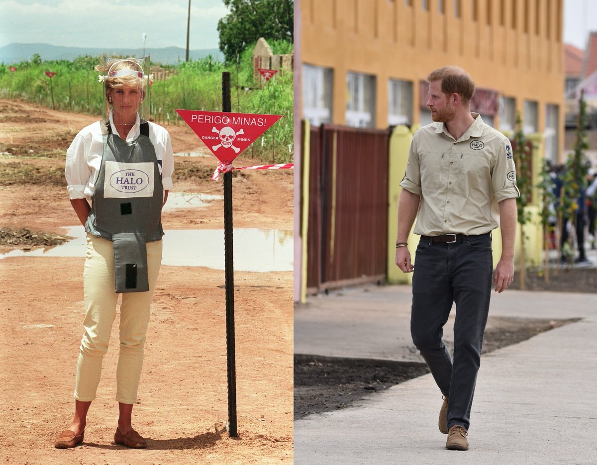 Twenty-two years ago Princess Diana walked a dirt path through a minefield in Huambo, Angola. Today, HRH Duke of Sussex followed in his mother's footsteps and saw how the former minefield is now a paved street in a bustling part of the city. #RoyalTourAngola #PrinceHarry