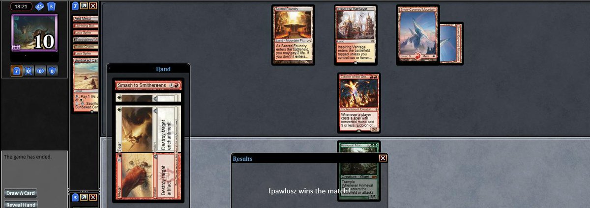 fpawluszmtg's tweet photo. Op with 2 cards in hand, I am at 5. Cast Once Upon a Time down to 3, find Titan. Op attacks, down to 1. I cast Titan, gain 4 up to 5, Op concedes on the following turn, revealing this hand. If you are a Burn player, do yourself a favor and don't fall into this trap #overboarding https://t.co/H4HNMDzkjf