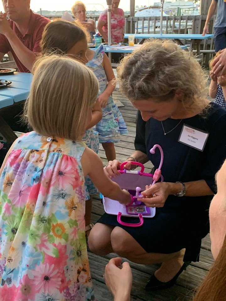 JenKiggans's tweet photo. I made some new friends last night at @JasonMiyaresVA “Crushin’ it for Virginia” event! I wish my stethoscope was pink and purple! #FutureNPs #HealthcareForVirginia #VoteJen https://t.co/qSpqqG8SCh