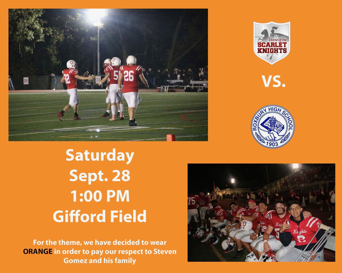 mhillsathletics's tweet photo. GAME DAY!! Our Scarlet Knights football team take on Roxbury at home TOMORROW at 1:00 PM on Gifford Field! Our theme for the game is ORANGE to honor Steven Gomez of Dover and pay respect to his family. GO KNIGHTS! #moblock https://t.co/76rQFyVQAH