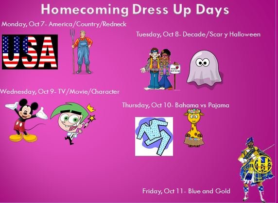 Homecoming Week 2019 is coming up! Student and teacher dress-up competitions will be held! Your participation is needed to help make this the best homecoming week ever!