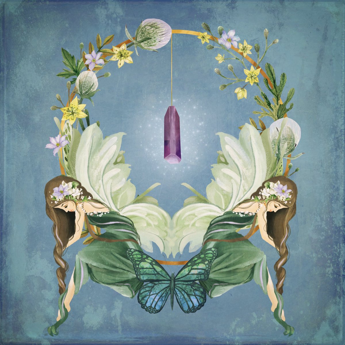 Two beautiful brunette Art Nouveau fairies sit on a circle of gold woven with flowers and crystals. society6.com/product/golden… #fairy #magic #crystal #amethyst #butterfly