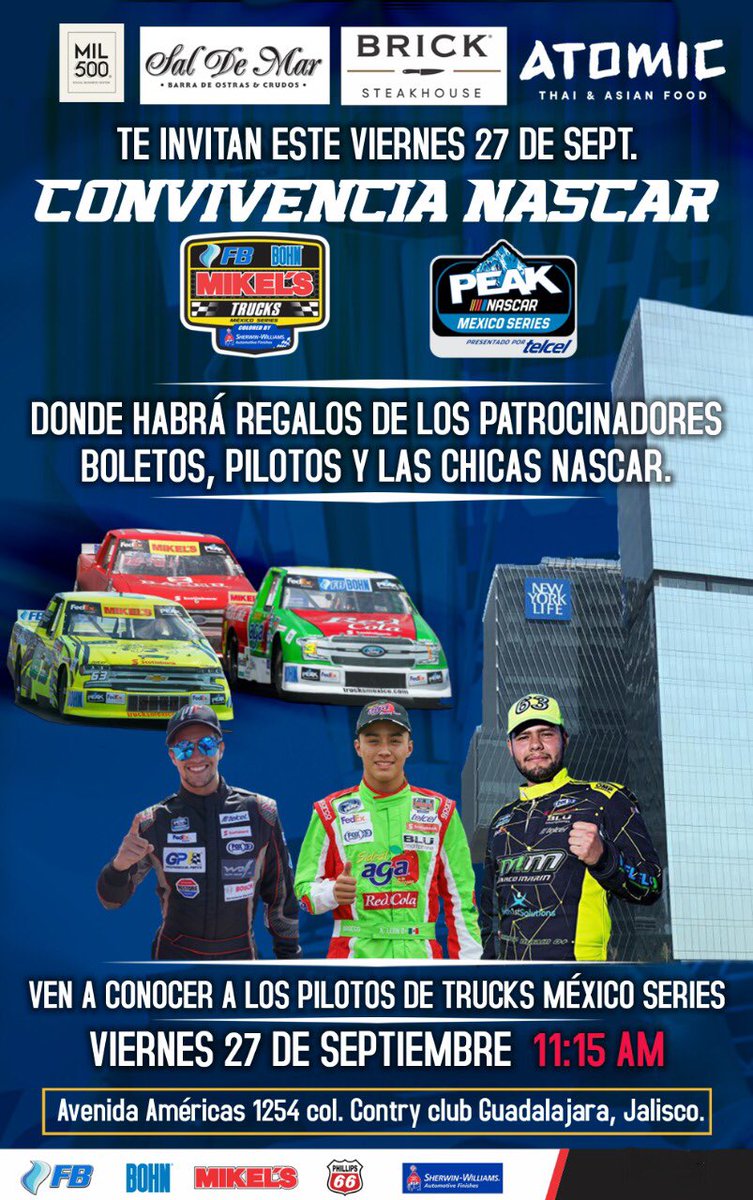 RevistaVivaMex's tweet photo. Algunas instantáneas de la #ConvivenciaNascar que se tuvo hoy en @ESPACIOMIL500 con la participación de los pilotos de Trucks Mexico Series #Nascar
@Sal_De_Mar_Rest @bricksteakh Atomic @RedColaOficial https://t.co/XL8dsVzp0H