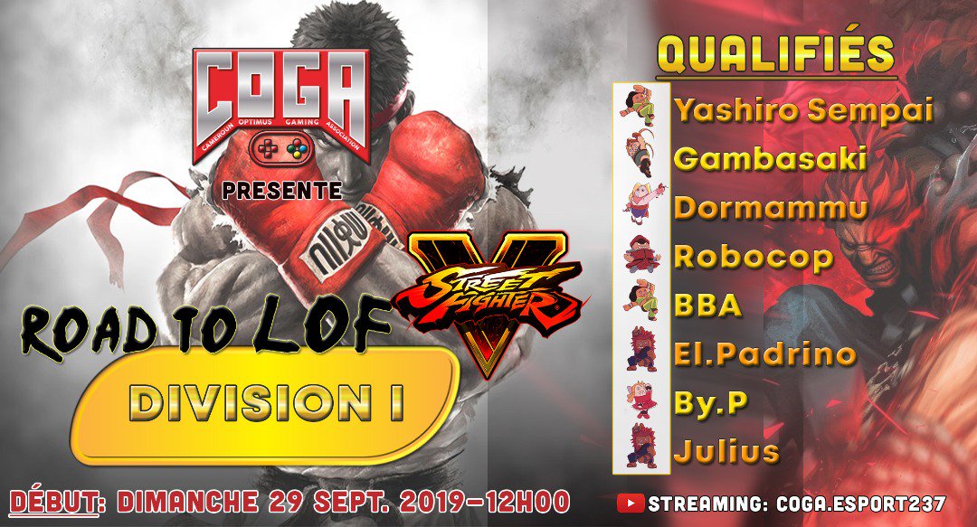 Le Road To LOF 2019 prendra feu à Douala cette fois-ci ce Dimanche 29 Septembre dès 13h avec au programme: 
-Le clash Naruto #Storm4 des 2 meilleures Teams de la région
-Le Versus de Préparation #SFV de la DIVISION 1 de Douala pour le lancement de ce tournoi majeur #FGC Local!!