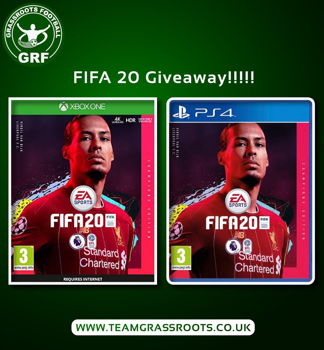 Teamgrassroots_'s tweet photo. FIFA 20 Giveaway!!!!

RT/Follow &amp; Comment 
XBox of PS4 to Enter

Who wants to win a copy of FIFA 20 for Xbox One or PS4???? 

Winner will be selected at random and announced this Sunday 29th of September from entrants on FB &amp; Twitter. 

Good Luck. https://t.co/1PUlmV2Laj