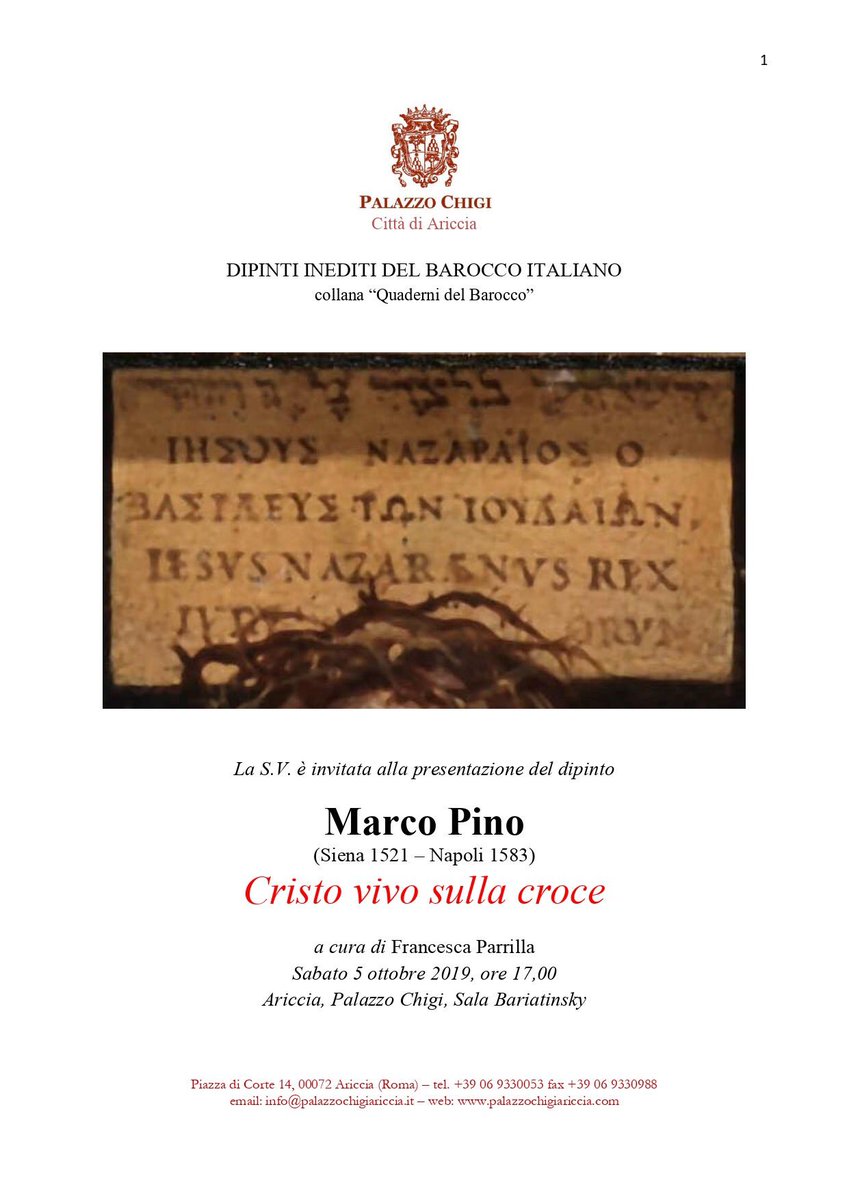 Cari Amici,
per la collana "Quaderni del #Barocco", vi invitiamo alla presentazione dell'opera di Marco Pino (Siena 1521 – Napoli 1583) "Cristo vivo sulla croce", a cura di Francesca Parrilla.

Sabato 5 ottobre 2019, 
ore 17,00
#Ariccia, 
Palazzo Chigi, 
Sala Bariatinsky