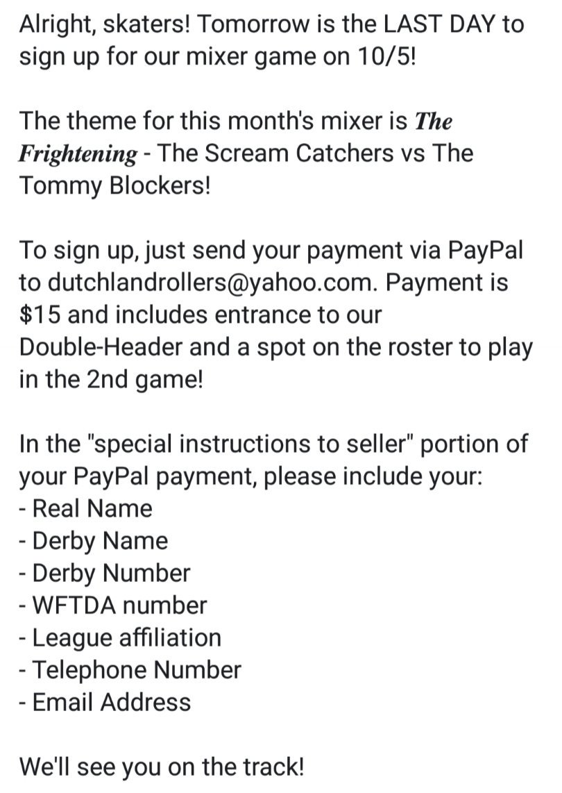 Dutchland's tweet image. Hey, skaters! Tomorrow is the last day to sign up for our October mixer!