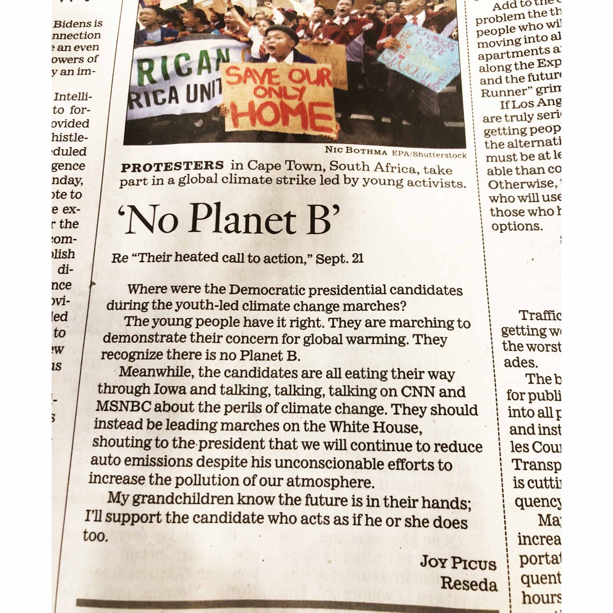 Spotted! Our beloved Joy Picus making it into the #LettersToTheEditor section of <a href="/latimes/">Los Angeles Times</a>  - #noplanetb #jwt #writers #foodforthought #storytelling #letters #newspapers #climatechange #latimes