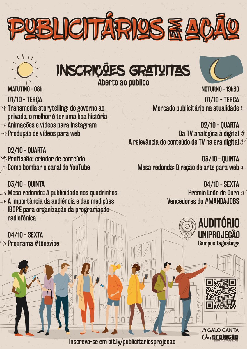 O curso de Publicidade e Propaganda vai promover de 01 a 04/10 o evento Publicitários em Ação. As atividades acontecerão no auditório do Campus Taguatinga nos períodos matutino e noturno e são abertas ao público e gratuitas, basta se inscrever pelo link bit.ly/publicitariosp…