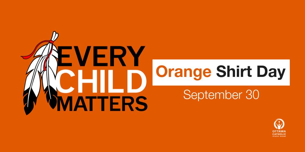 OttCatholicSB's tweet photo. Don’t forget to wear orange on Monday! Let us recognize the resiliency &amp; bravery of Residential School Survivors and honour the story of Phyllis Webstad. #OrangeShirtDay #EveryChildMatters #ocsbIndigenous https://t.co/PmgjTXkHuX