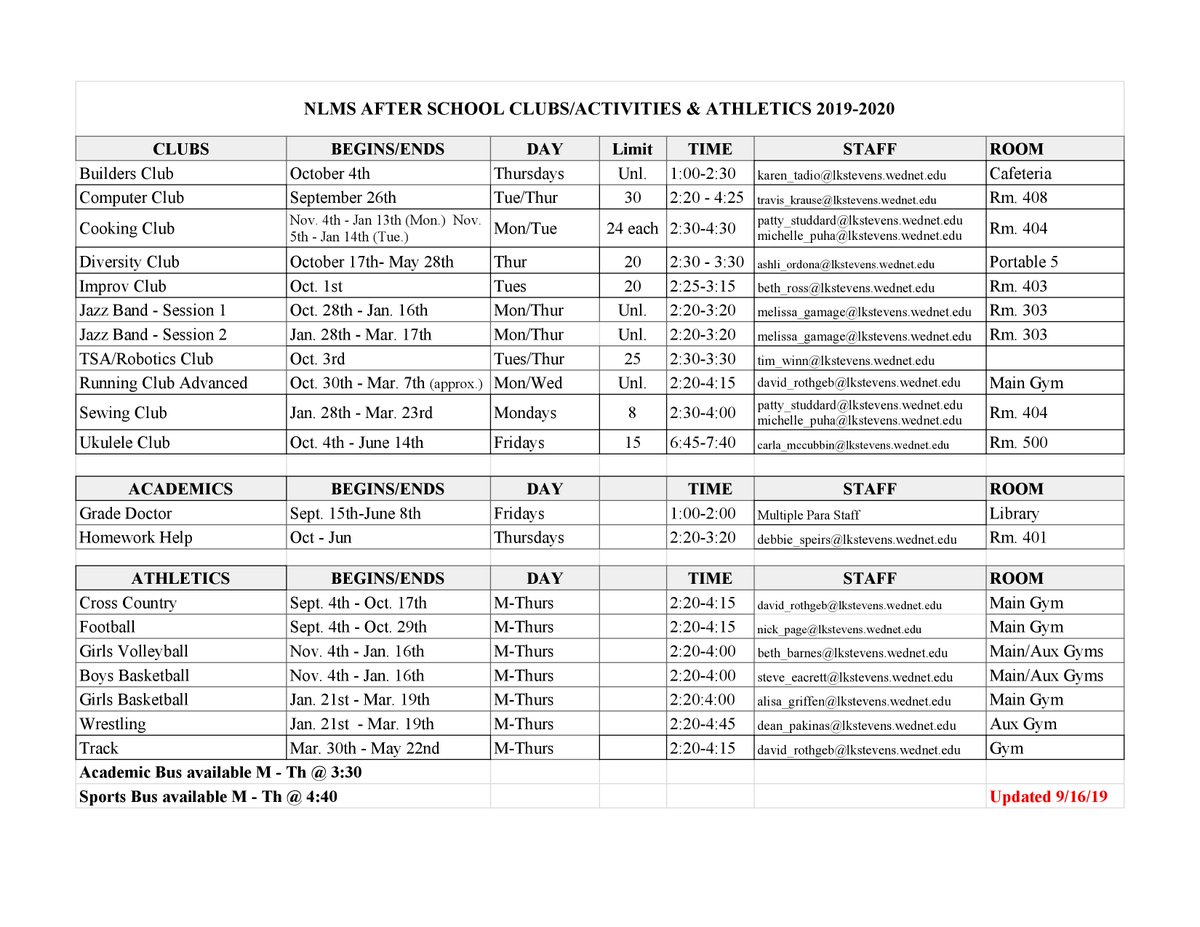 Here is a list of the athletics/clubs offered here at NLMS! #NLMSbulldogpride