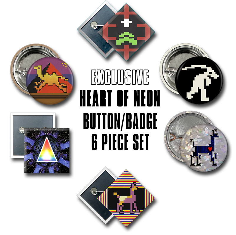 HeartofNeon1's tweet photo. Get this set of #heartofneon badges if you make a $25 or larger pledge to HEART OF NEON this weekend ONLY! Get 'em while they're hot. Go to https://t.co/msyvkUOVJW to pledge, check out the FAQ for more details. #jeffminter #llamasoft #ancipital #llamatron #tripatron #gridrunner https://t.co/0aleNW5snB