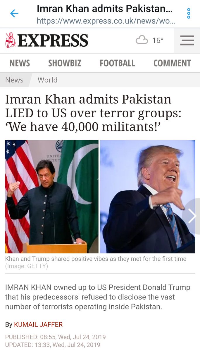 SirJadeja's tweet photo. ✅July 24: "We have 40,000 militants"
✅Today @ #UNGA: "India keeps accusing but there are no militants in Pakistan"

3 days ago he admitted Pak trained Al-Qaeda. Yesterday he begged UNSC on behalf Hafiz Saeed.

RT if you feel @UN @UNHumanRights should ban the liar @ImranKhanPTI. https://t.co/hsRSO0GF5I