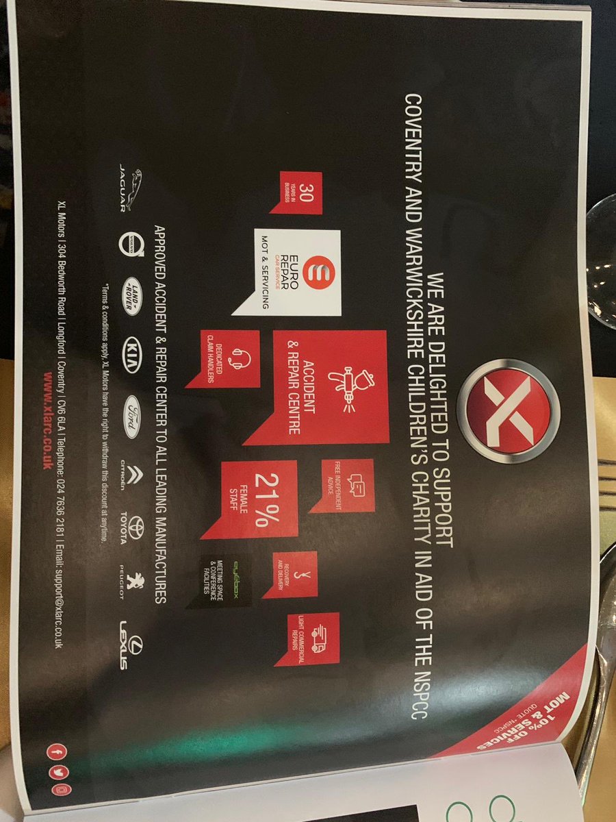 XL_RepairCentre's tweet photo. We are delighted to be supporting Coventry & Warwickshireβs childrenβs charity in aid of the NSPCC tonight.
#XLMotors #EuroReparUK #MOT #Service #NSPCC #ChildrensCharity #ProudSupporters #BlackTie https://t.co/qcMwFx03zr