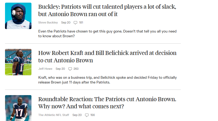 TERRENCEcomedy's tweet photo. @TheAthletic The site. Like today I have 2 articles from yesterday, a handful from the 25th and then I click "Show More" and these 3 Antonio Brown articles are always there. Is there a way to customize my feed where I see more of the film breakdown stuff I'm interested in? https://t.co/2D8HEAVTiR