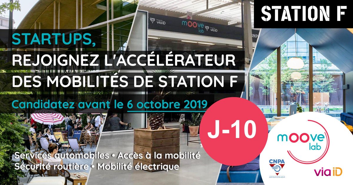 Derniers jours pour présenter vos projets du 5ème batch pour le <a href="/Moove_lab/">Moove Lab</a>.
En tant que partenaire @E_mobilitygroup, j'invite chaque Start-up ayant un projet innovant et ambitieux sur la mobilité à venir les présenter ! Cc. @CNPA <a href="/via__id/">Via ID</a>