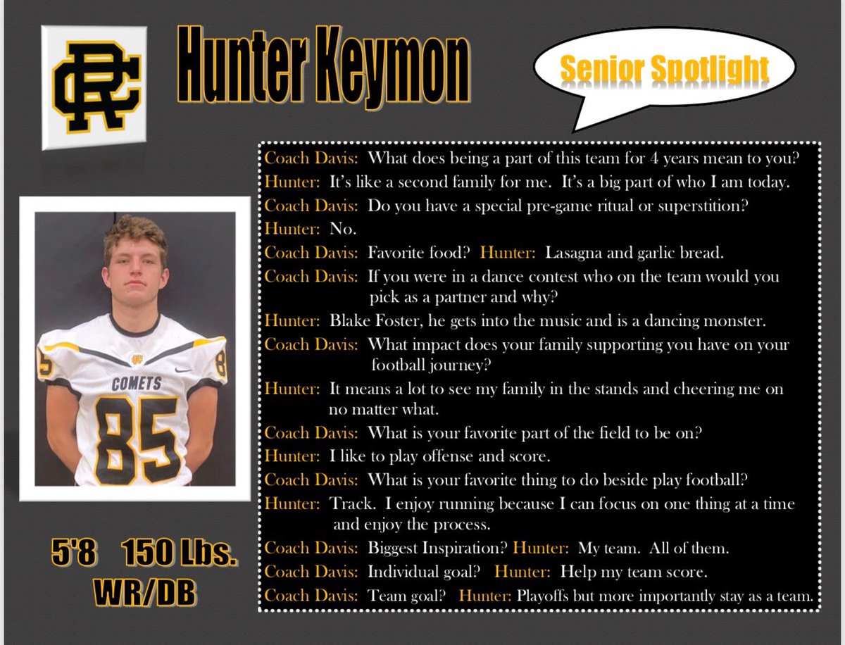 RCGridiron's tweet photo. It’s that time!! Senior Spotlight 💫🏈
Here is Senior WR/DB Hunter Keymon 💪🏻
Read below what Hunter has to say 😂
#backinblack #seniortime #HunterKeymon https://t.co/QyAcQnawIf