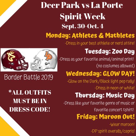 DPHSCheer's tweet photo. RT!!! Updated Spirit Week Themes for next week! 🤘 #GoBigDeer #DPvsLP #BorderBattle2019 https://t.co/G3cSnVKEKx
