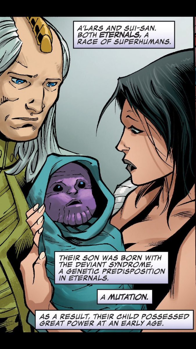 alelordeme's tweet image. #ALars, ahora con el nombre de #Mentor repobló Titán, y creó la raza conocida como los Eternos de Titán. Junto a Sui San tuvieron dos hijos: Eros y, alguien conocido por todos nosotros, #Thanos, quien parecía tener el gen de los desviantes por su piel grisácea y cuerpo poderoso