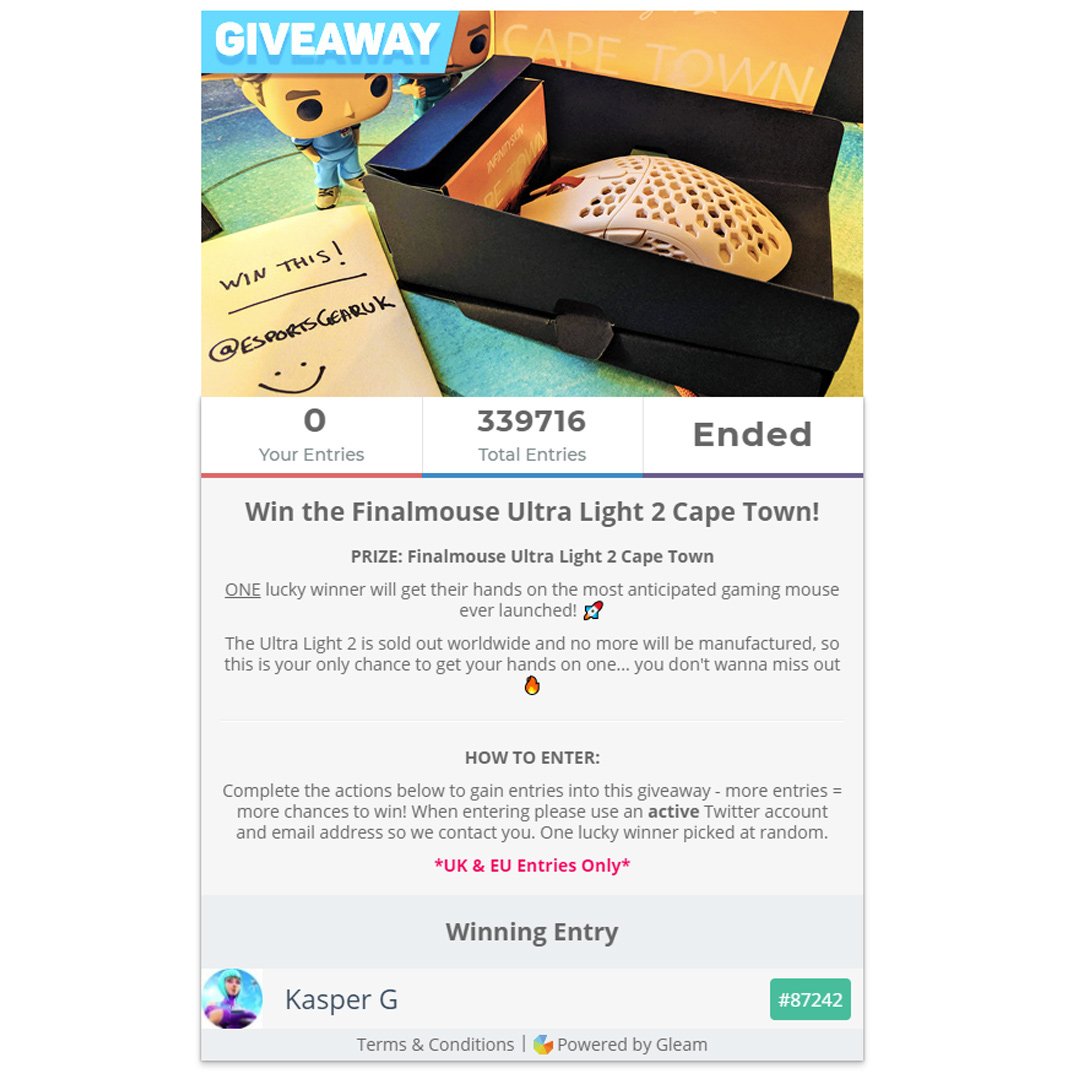 EsportsGearUK's tweet photo. And the lucky winner of the @finalmouse #ultralight2 is...
Kasper G! 🎉
Congrats Kasper, please DM us and we'll get your mouse to you!
Thanks again everyone for taking part, we had a tonne of entries.
More giveaways soon so there's more chances to win some sweet loot <3 https://t.co/oWqR4gptf9